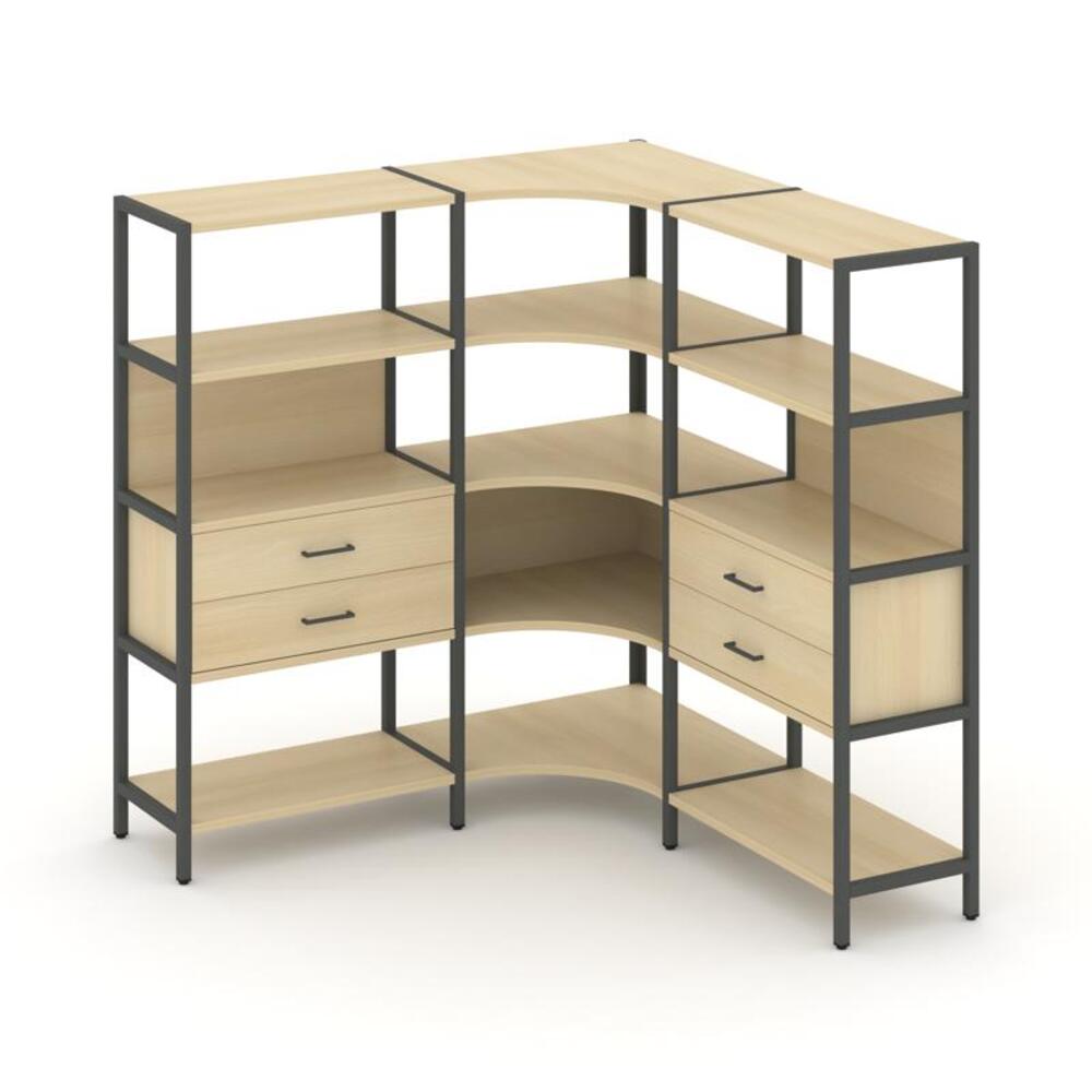 Трехсекционный угловой стеллаж четырехярусный с ящиками