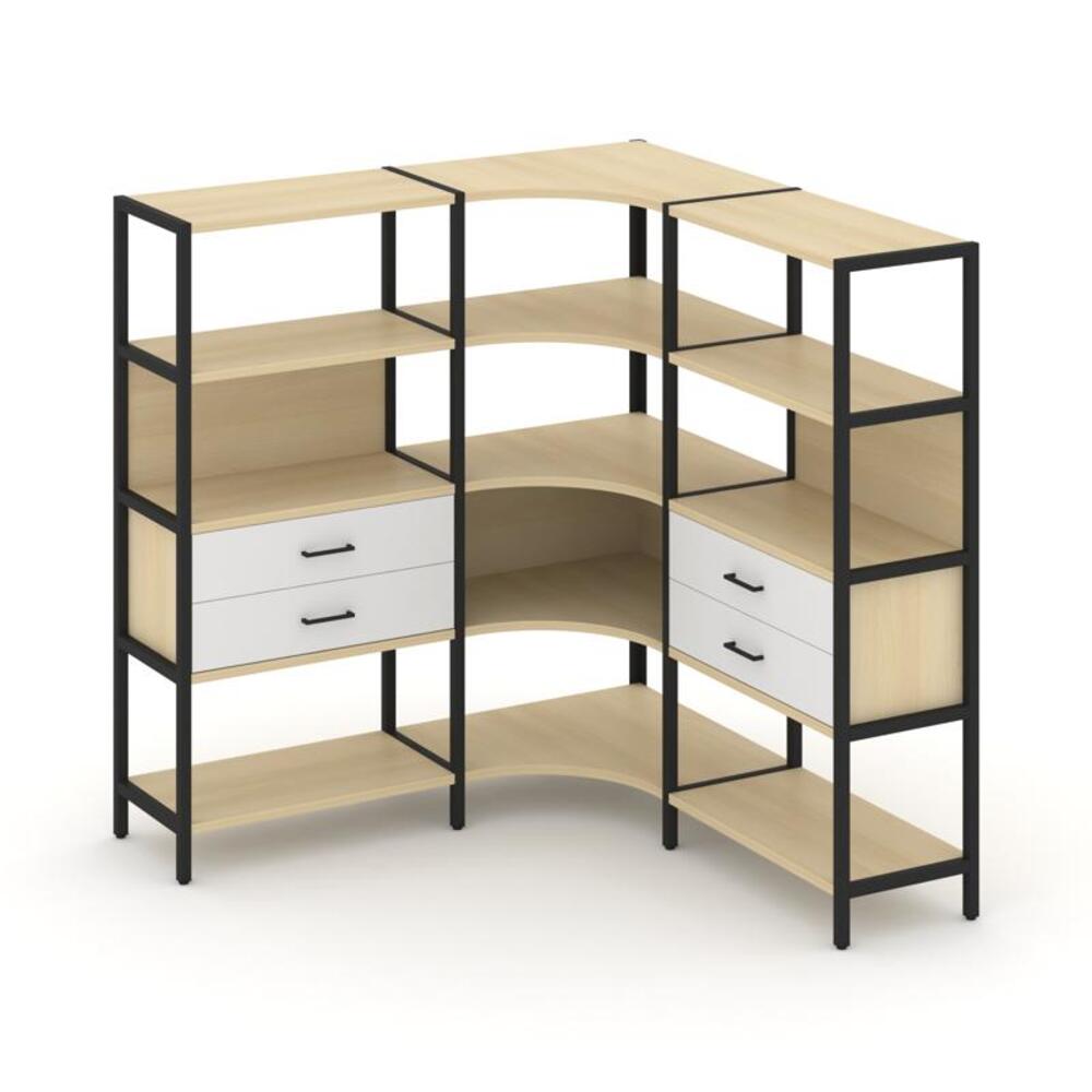 Трехсекционный угловой стеллаж четырехярусный с ящиками