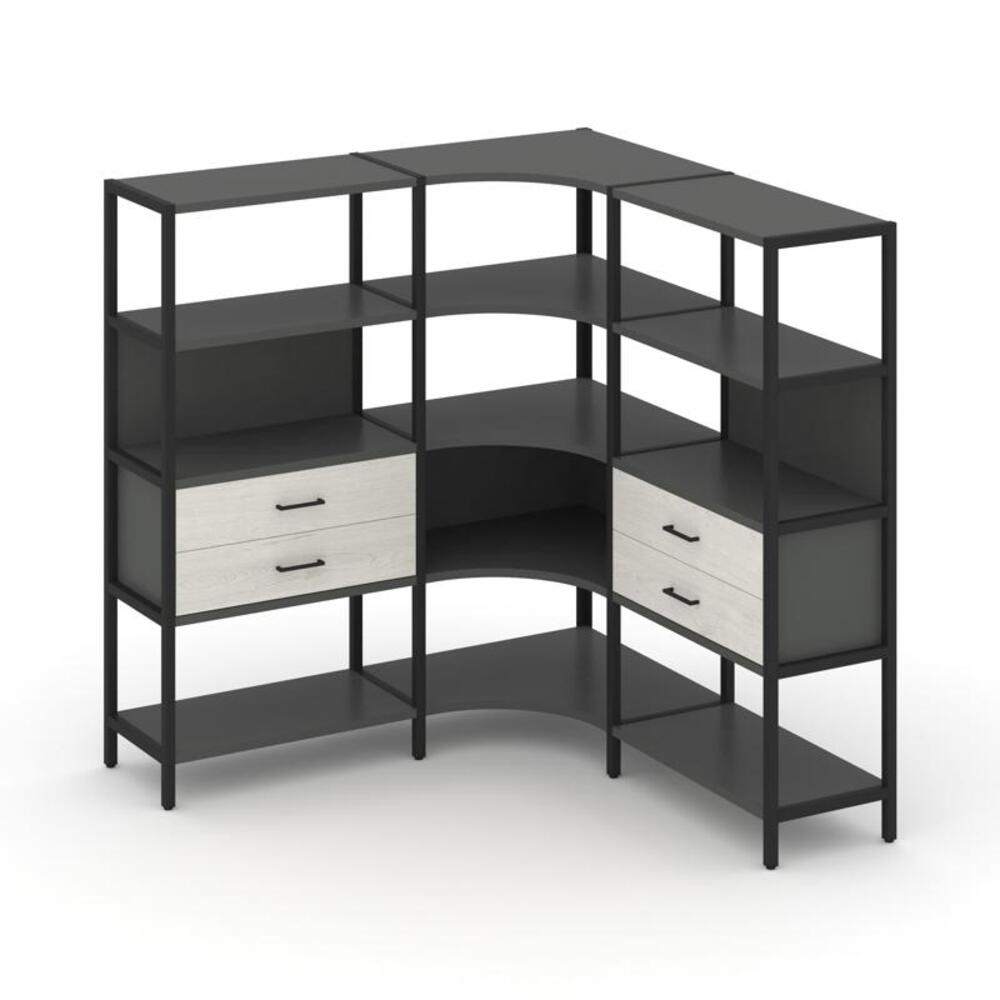 Трехсекционный угловой стеллаж четырехярусный с ящиками