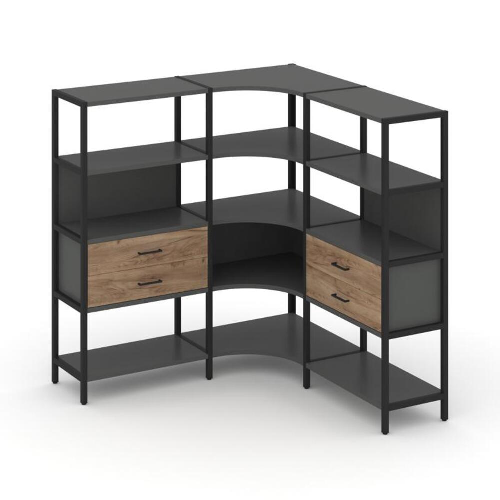 Трехсекционный угловой стеллаж четырехярусный с ящиками