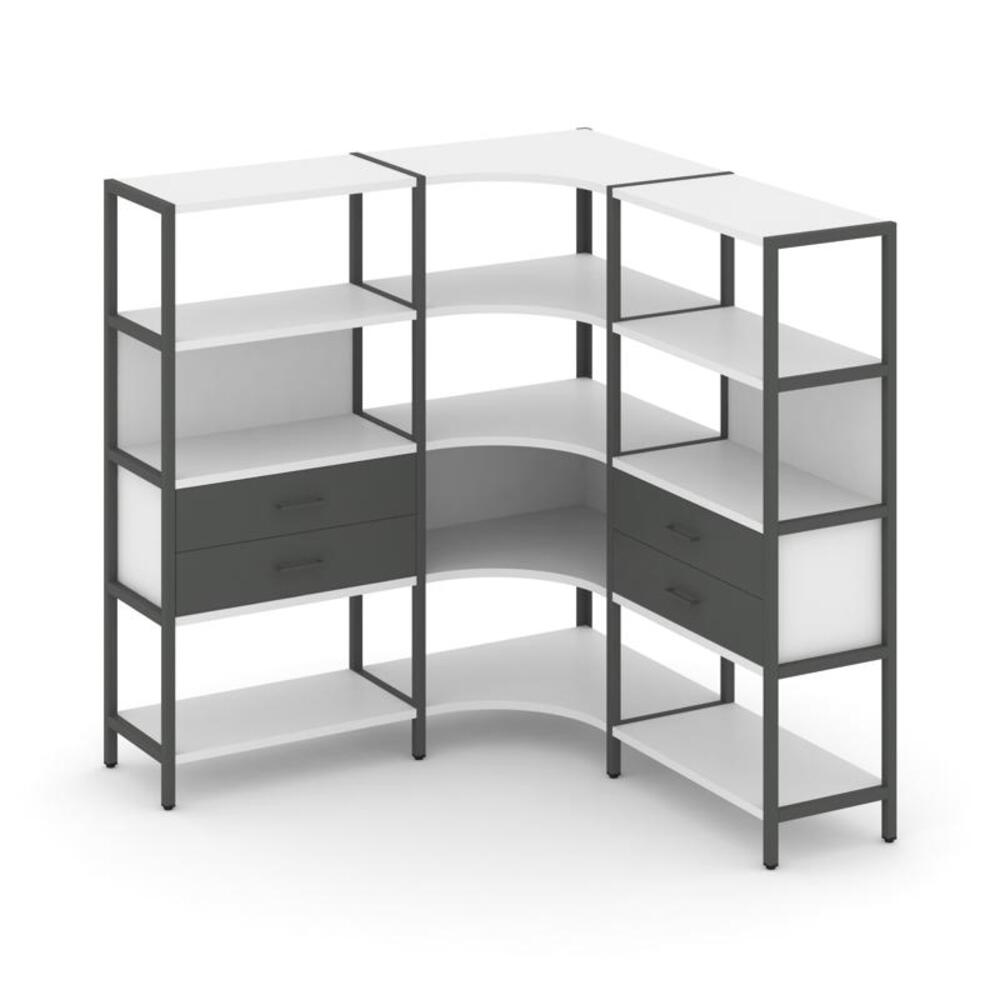 Трехсекционный угловой стеллаж четырехярусный с ящиками
