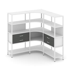 Трехсекционный угловой стеллаж четырехярусный с ящиками