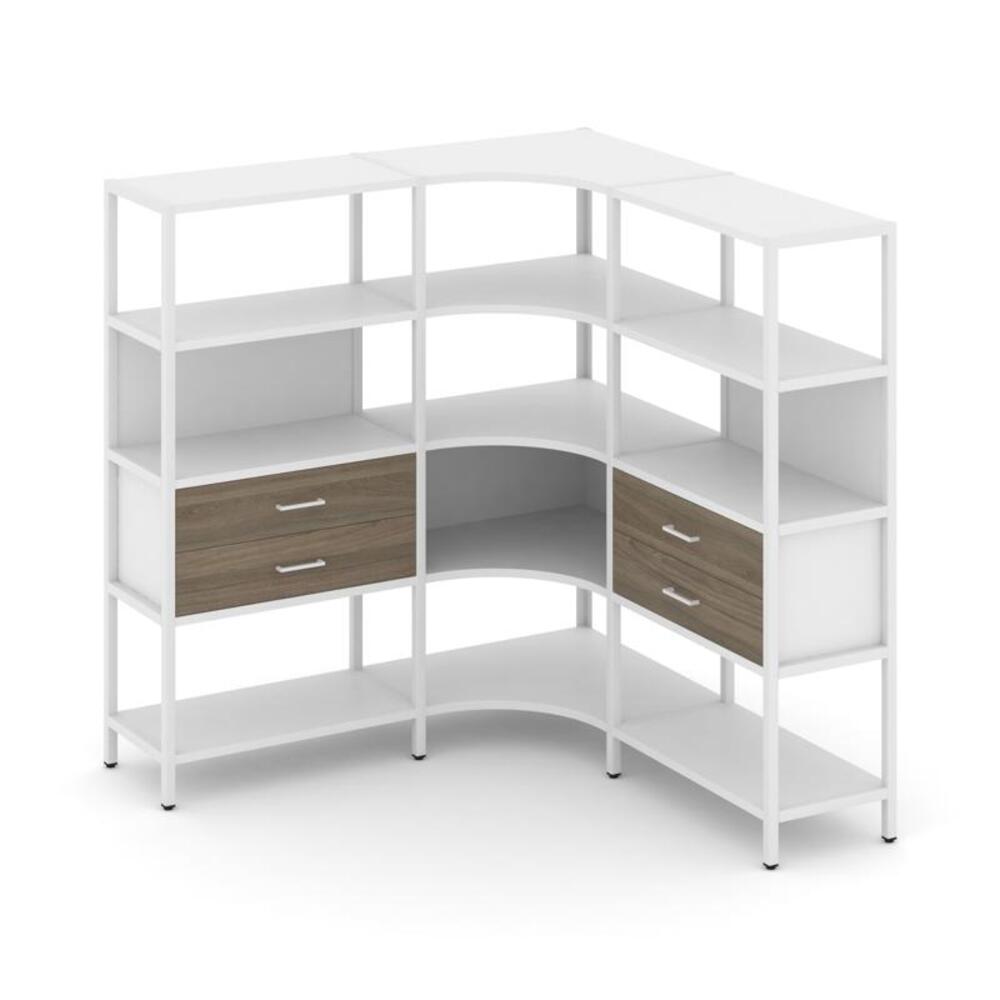 Трехсекционный угловой стеллаж четырехярусный с ящиками