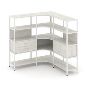 Трехсекционный угловой стеллаж четырехярусный с ящиками