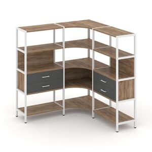 Трехсекционный угловой стеллаж четырехярусный с ящиками