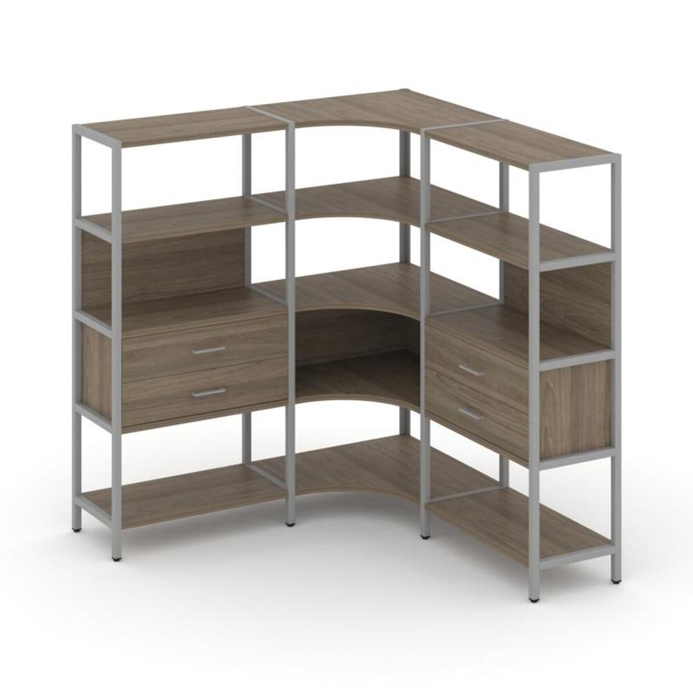 Трехсекционный угловой стеллаж четырехярусный с ящиками