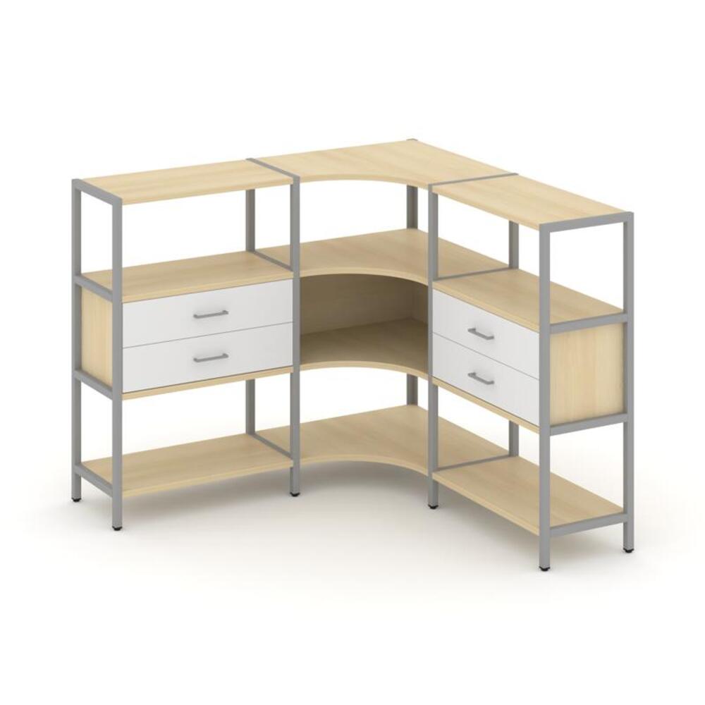 Трехсекционный угловой стеллаж трехярусный с ящиками
